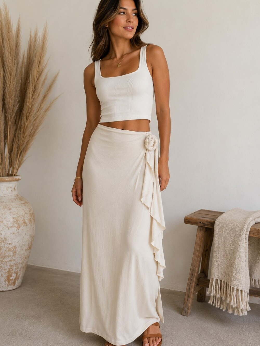 Forever 21 Cream Maxi Skirt Size M Boho Stretch Rayon Blend